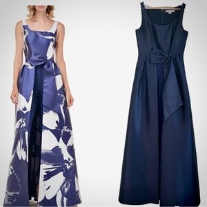 Kay Unger New York Sophie Jacquard Jumpsuit, Navy Floor Length Skirt Overlay Sz6